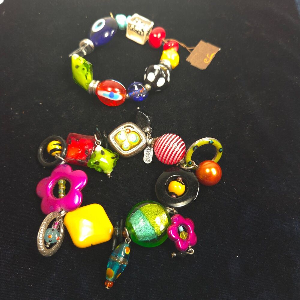Set of 2 Chunky Beaded Stretch Bracelets Evil Eye Boho Artisan Style